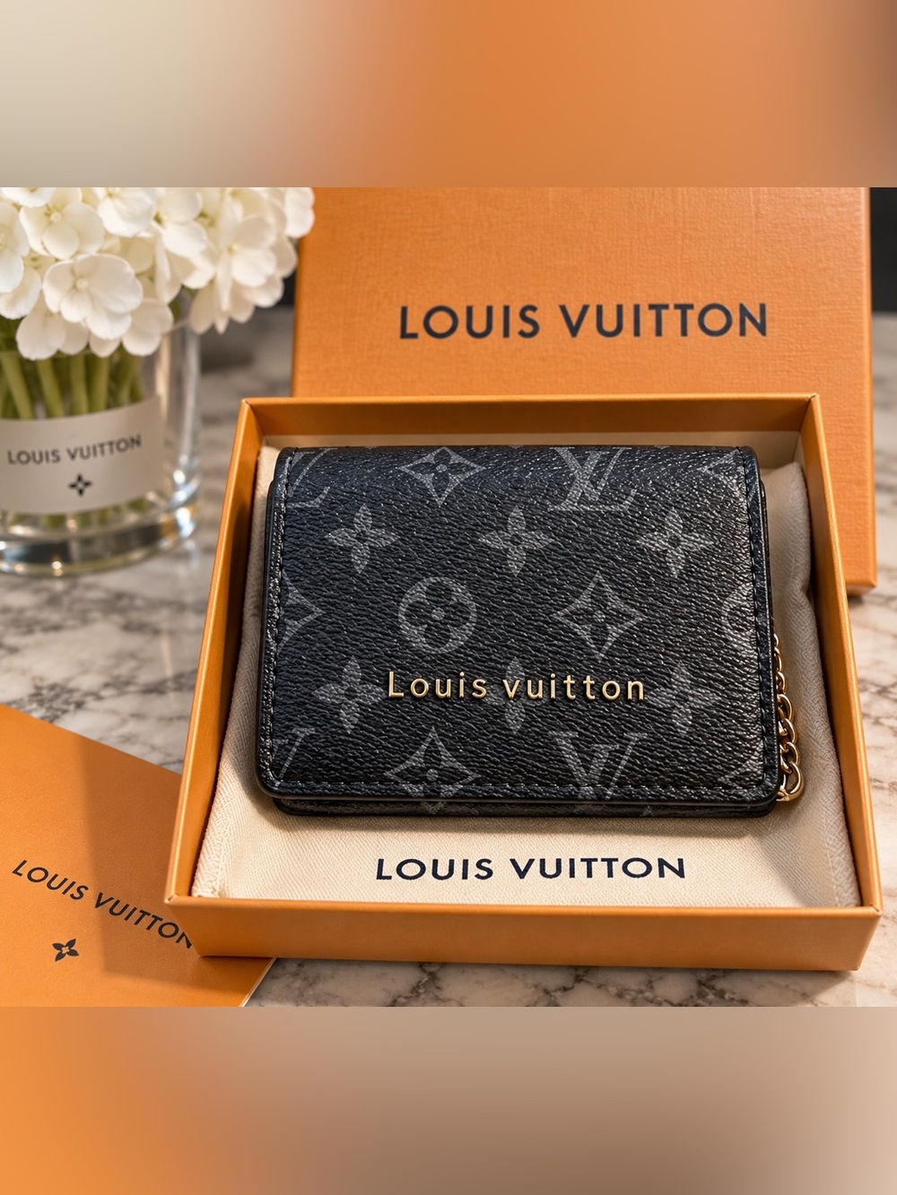 Source Unknown Louis Vuitton Black Monogram Card Wallet with Gold Logo